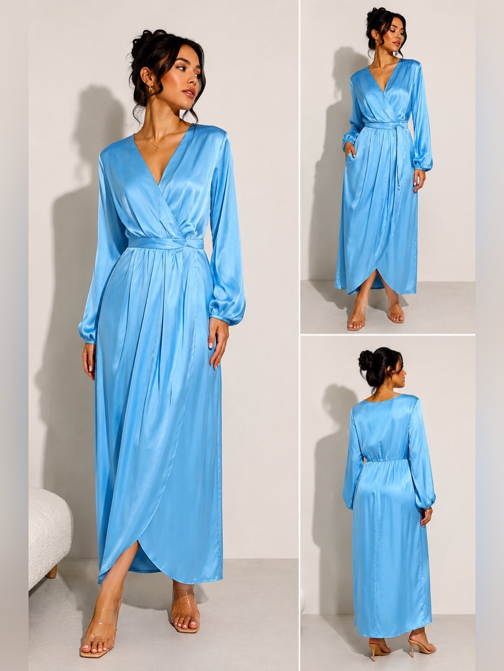 NWT PRETTYGARDEN XL Blue Satin Long Sleeve Maxi Dress